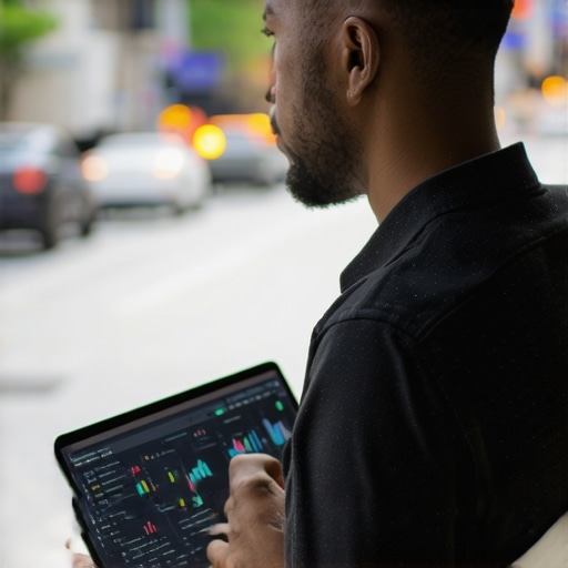 Business owner reviewing local SEO analytics on laptop in city environment