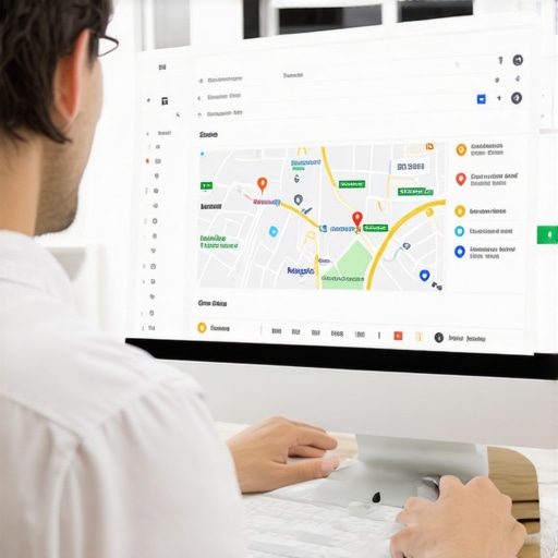 Digital marketing expert reviewing Google Maps rankings on a monitor in an office.