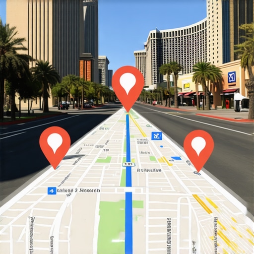 Las Vegas street scene with digital maps and local business icons