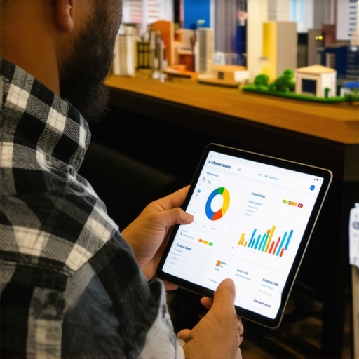 Business owner examining local SEO analytics with Nevada landmarks in background.