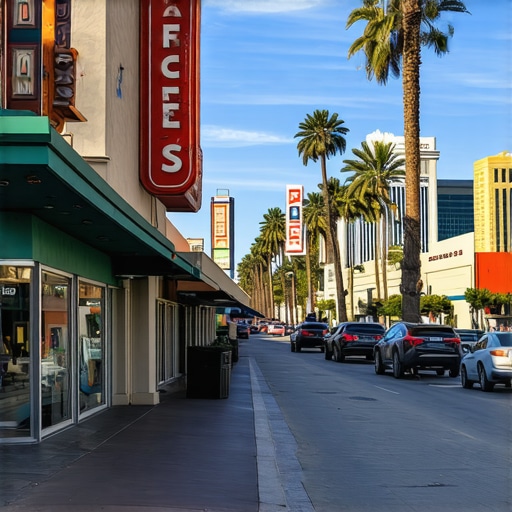 Colorful Las Vegas street scene with local businesses and signage