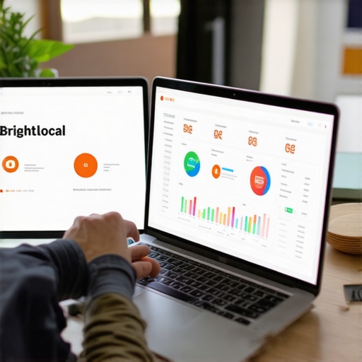 Person reviewing local SEO analytics on a laptop with graphs and SEO tools visible.