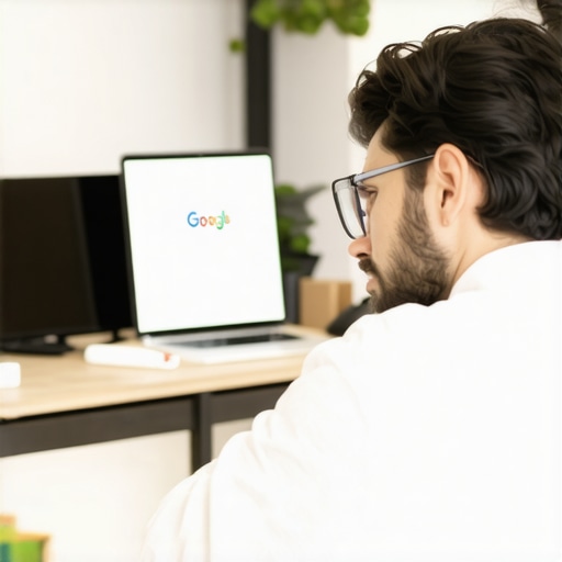 Business owner working on Google My Business profile in Las Vegas office.