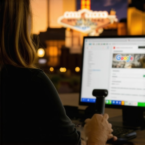 Business owner updating Google My Business profile with Las Vegas landmarks in background.