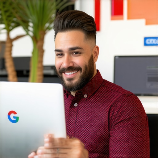 Digital marketer working on Google My Business profile optimization with Vegas background.