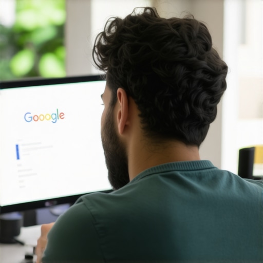 Business owner analyzing GMB profile on a laptop in a professional office