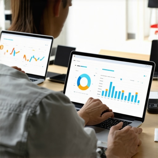 Business owner analyzing local SEO metrics on a laptop with various SEO tools open.