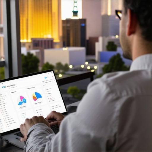 Business owner reviewing local SEO analytics with Las Vegas skyline
