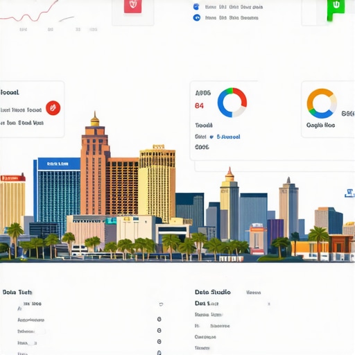 A graphic depicting a dashboard with SEO analytics tools and Las Vegas skyline in the background.