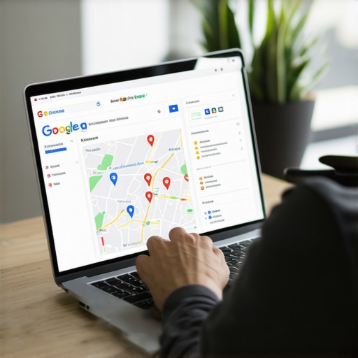 Person working on GMB profile optimization with maps and analytics on screen.