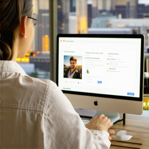 Digital marketer working on GMB profile with Las Vegas skyline in background.