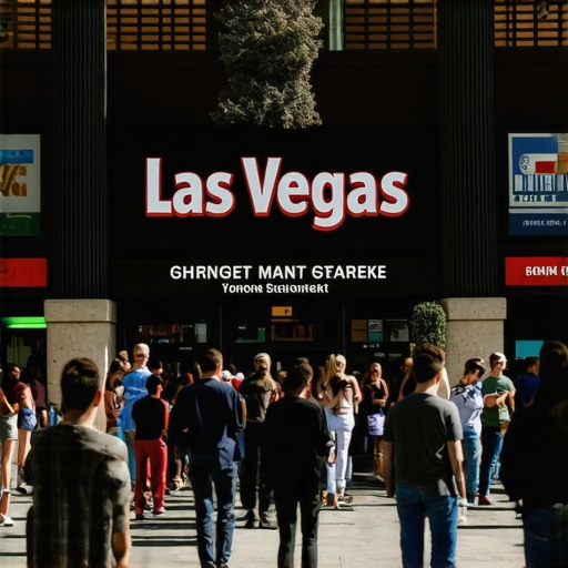 A bustling Vegas storefront with bright signage and engaged customers.