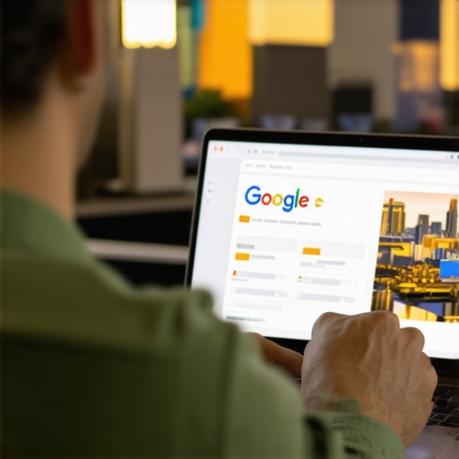 Business owner editing GMB profile with Las Vegas landmarks visible.