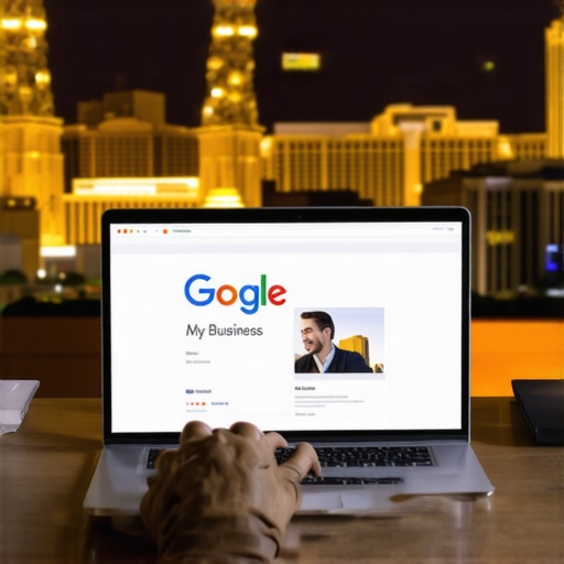 Digital marketer updating Google My Business profile for Las Vegas local business with cityscape background.