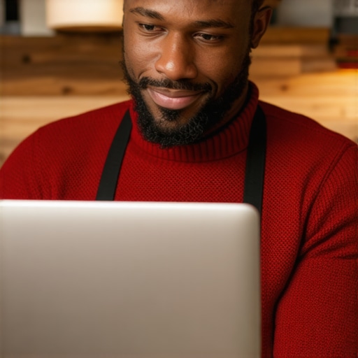 Business owner working on Google My Business profile optimization on laptop.