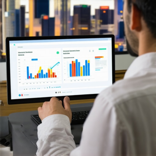 Business owner analyzing Google Maps optimization metrics on computer with Las Vegas skyline