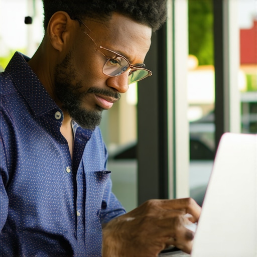 Business owner updating Google My Business profile on laptop in a Las Vegas shop.