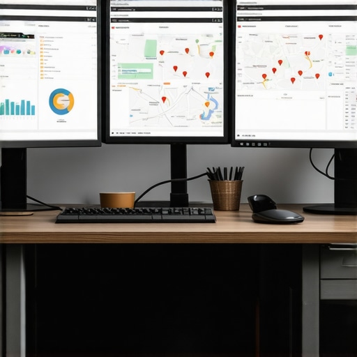 A workspace with monitors showing SEO dashboards and local search analytics.
