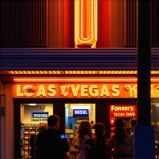 Colorful Las Vegas storefront illuminated at dusk with busy street scene.