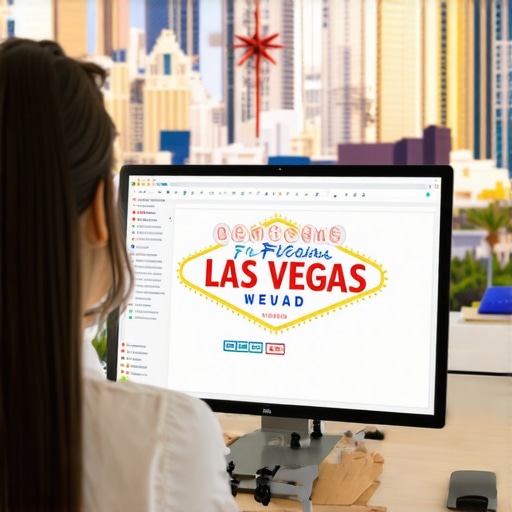 Person reviewing local SEO analytics with Las Vegas skyline