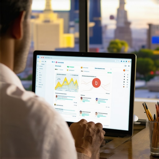 Business owner analyzing local SEO dashboards on a computer with Las Vegas skyline.