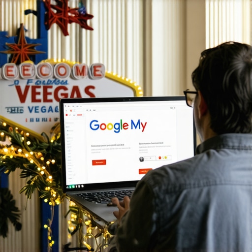 Business owner working on Google My Business profile with Vegas scenery