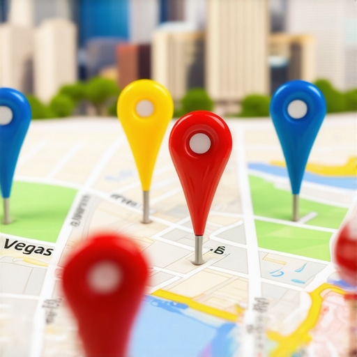 Map visualization showing business pins with Las Vegas cityscape in background