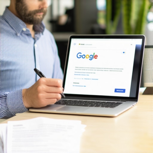 Business owner verifying GMB profile on laptop surrounded by documents.