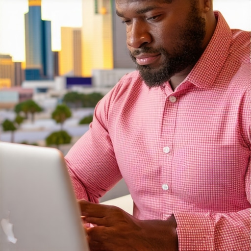 Business owner editing Google My Business listing on laptop with Las Vegas skyline
