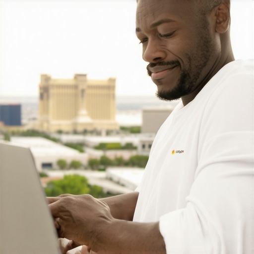 Business owner updating GMB profile on laptop with Vegas skyline
