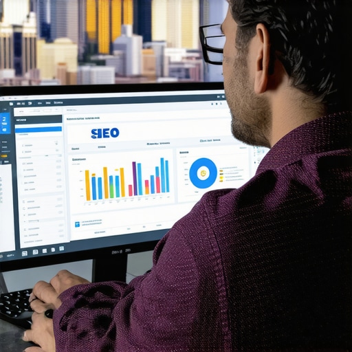 Digital marketer using SEO analytics tools with Las Vegas skyline