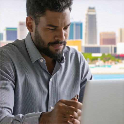 Business owner reviewing SEO analytics with Las Vegas skyline in background