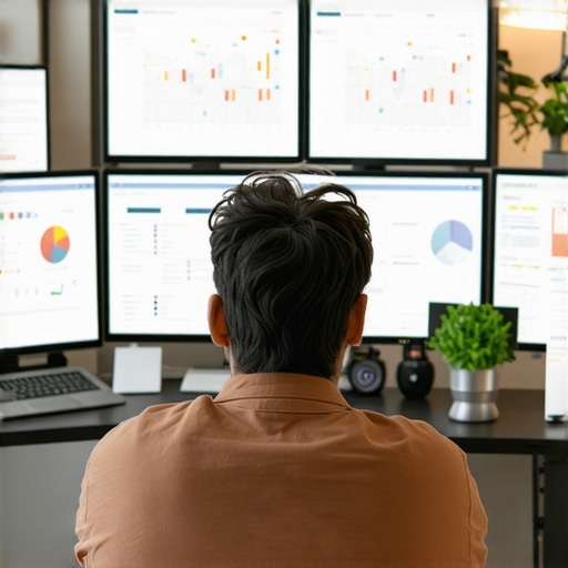A person analyzing local search rankings and GMB data on multiple screens in a vibrant Las Vegas office.
