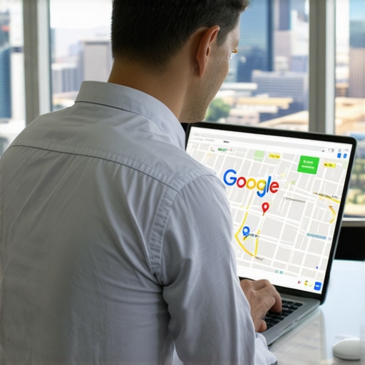 Businessman reviewing local map rankings on a laptop with Las Vegas skyline