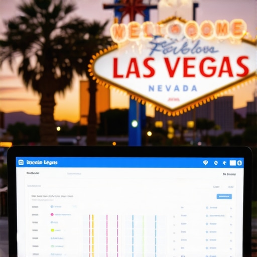 A laptop displaying local SEO data with Las Vegas skyline