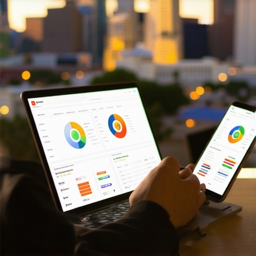 Managing Local SEO in Las Vegas Business owner analyzing local SEO metrics on devices with Las Vegas skyline