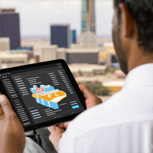 Business owner studying Google Maps ranking factors with Las Vegas skyline.