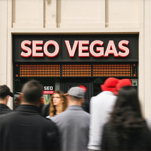 A vibrant Las Vegas storefront displayed on a device with SEO icons and signals overlayed