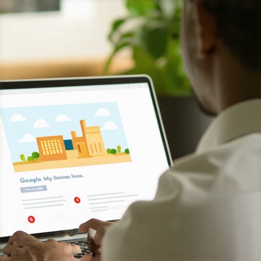 Person updating Google My Business profile on laptop with Nevada landmarks in background