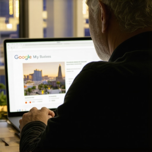 Business owner editing Google My Business profile with Las Vegas landmarks in the background.