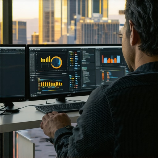A professional analyzing Google Maps ranking data on dual monitors with Las Vegas skyline