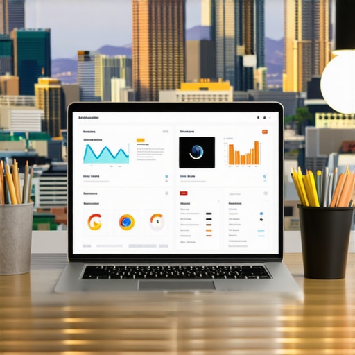 Using SEO Tools for GMB Maintenance in Vegas A computer setup showing local SEO analytics with Las Vegas skyline behind