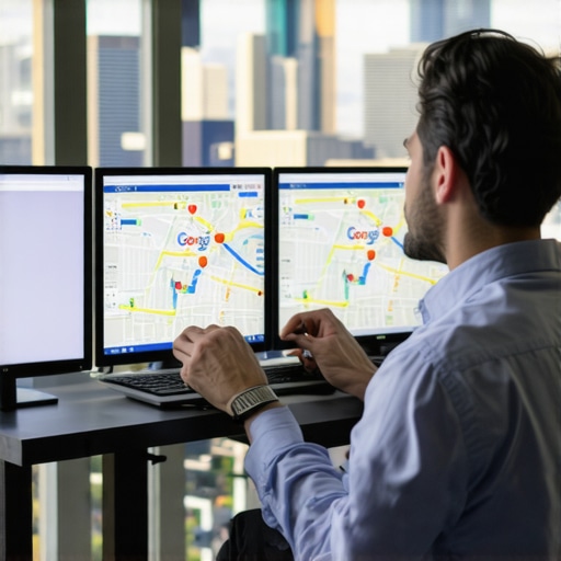 SEO analyst working on Google Maps optimization with Las Vegas cityscape