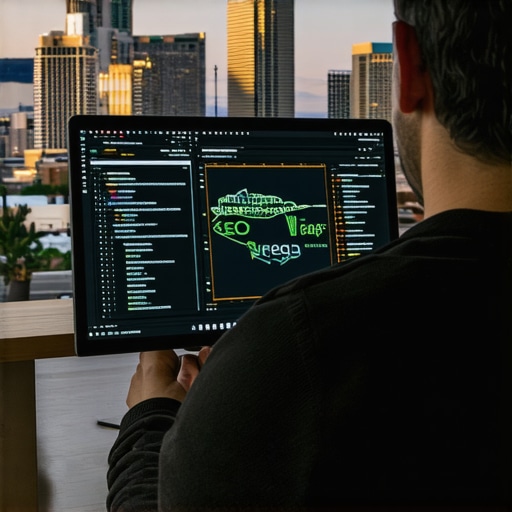 Analyzing Local SEO Data in Las Vegas A businessman reviewing SEO analytics charts with Las Vegas cityscape behind him.
