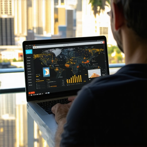 Analyzing Local SEO Data in Vegas Person reviewing local SEO metrics on a laptop with Las Vegas maps and charts