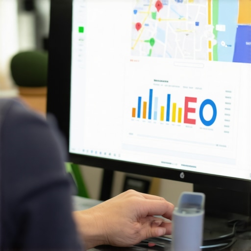 A person reviewing SEO analytics and maps on a laptop for a Vegas-based business.