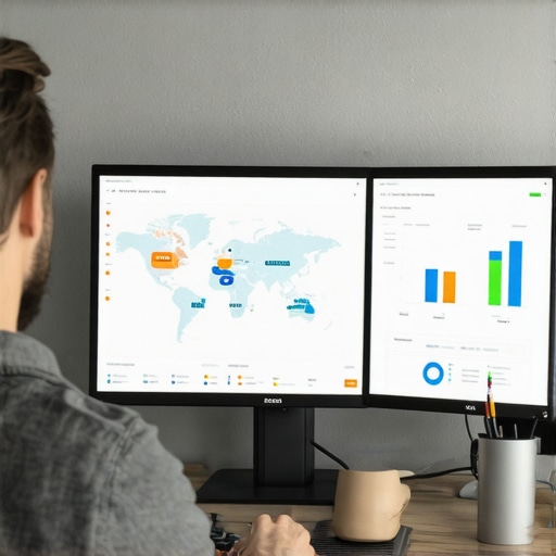 Business owner reviewing SEO metrics on a computer with maps and graphs.
