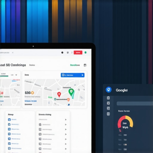 Digital SEO Dashboard Close-up of a computer screen displaying local SEO analytics and Google Maps ranking metrics.