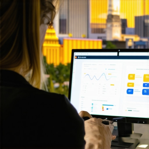 A digital marketing expert reviewing local SEO data on a computer with Las Vegas skyline