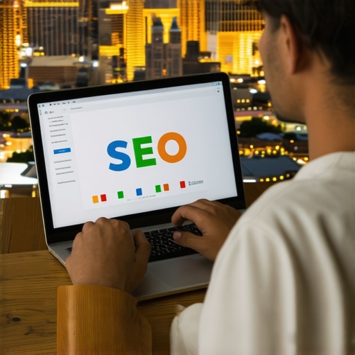 Person analyzing local SEO metrics on laptop with Vegas skyline